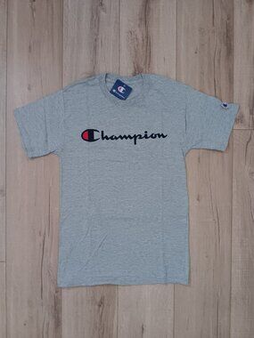 Champion Men S Classic Graphic T-Shirt Grey Cotton Blend Short Sleeve Tee Small